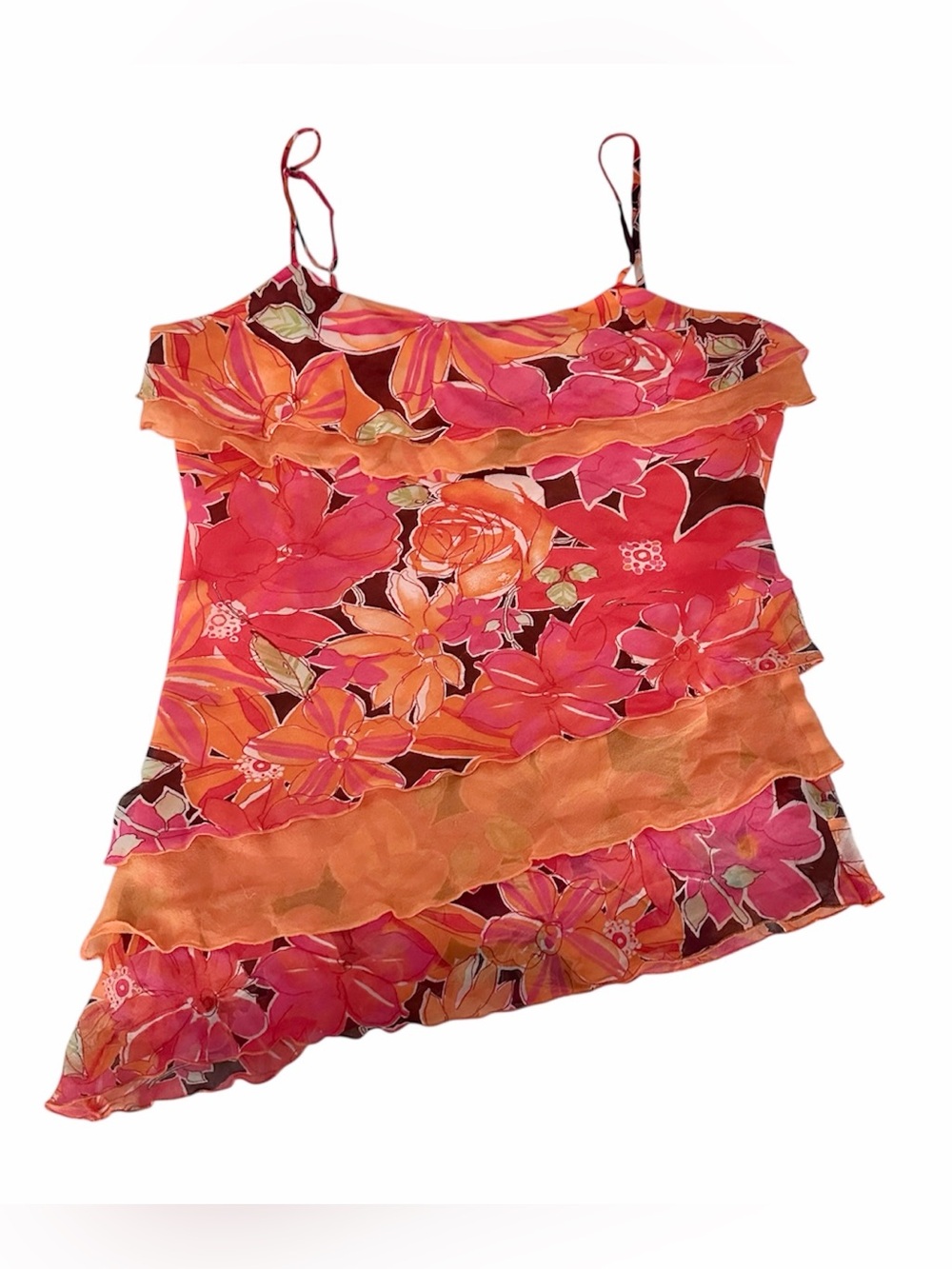Vintage Y2K Metrostyle Orange Pink Silk Tiered Ruffle Asymmetrical Tank Top